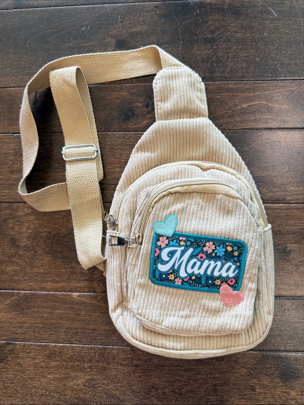 NWOT Mama Patch light tan Corduroy Sling Bag with adjustable strap
